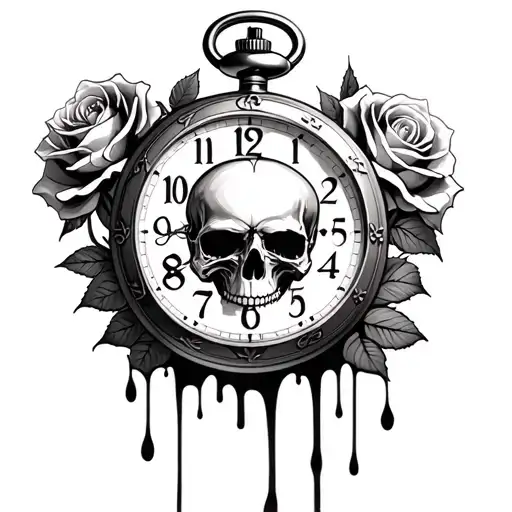 Pocket watch with realistic skull dial surrounded by bleeding roses, clock hands set at 11:11, tattoo design idea