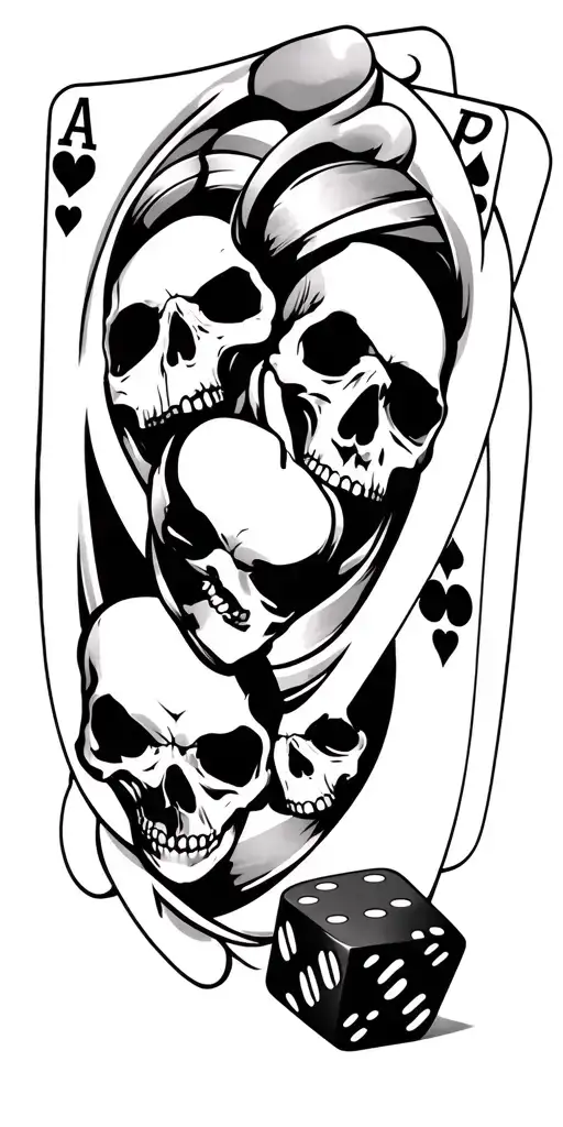 Full sleeve black and gray tattoo "hearts royal flush" cards have skulls for faces, poker chips, a a 20 sided die showin tattoo design idea