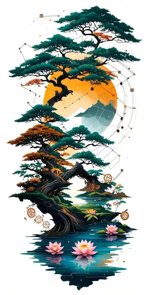 random constellation over layered Japanese landscape of trees,water,bamboo,scattered lotuses,and wood mechanical gears. tattoo design idea