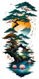 random constellation over layered Japanese landscape of trees,water,bamboo,scattered lotuses,and wood mechanical gears. tattoo design idea