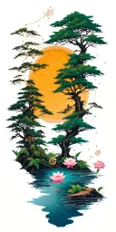 random constellation over layered Japanese landscape of trees,water,bamboo,scattered lotuses,and wood mechanical gears. tattoo design idea