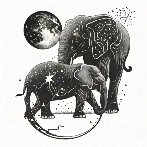 A cosmic scene with a moon and constellations intertwined with a silhouette of a mother and child elephant tattoo design idea