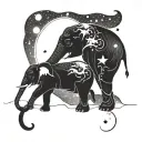 A cosmic scene with a moon and constellations intertwined with a silhouette of a mother and child elephant tattoo design idea