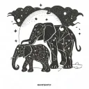 A cosmic scene with a moon and constellations intertwined with a silhouette of a mother and child elephant tattoo design idea