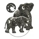 A cosmic scene with a moon and constellations intertwined with a silhouette of a mother and child elephant tattoo design idea