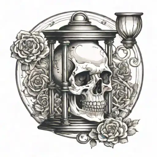 hourglass top filled, bottom half building a skull symbolizing death, time urgency tattoo design idea
