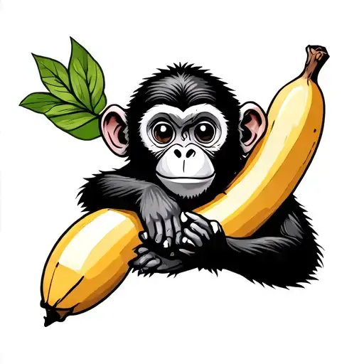 cute monkey holding banana tattoo design idea