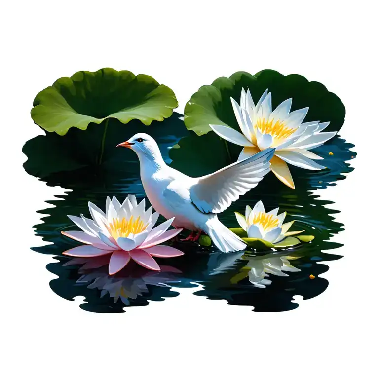 dove with water lily flowers tattoo design idea