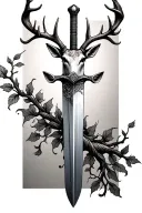 very thin swords wrapped  with deer head handle small leaves running vines tattoo design idea
