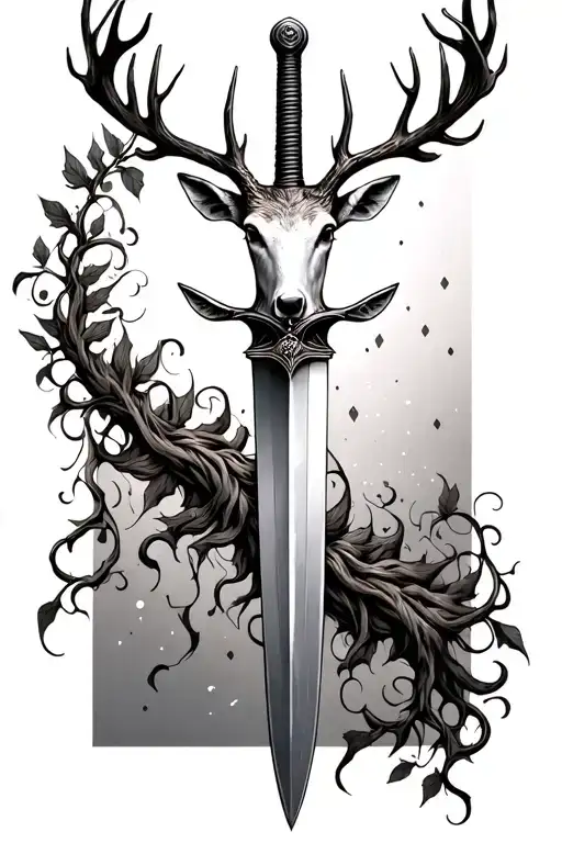 very thin swords wrapped  with deer head handle small leaves running vines tattoo design idea