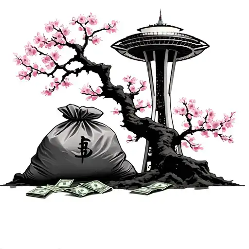 space needle bags of money and a cherry blossom tree tattoo design idea