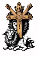Cross with lion wearing a crown and a lamb laying next to it tattoo design idea