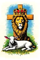 Cross with lion wearing a crown and a lamb laying next to it tattoo design idea