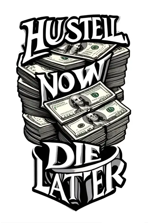 the word HUSSTEL NOW DIE LATER sideways with money stack  tattoo design idea