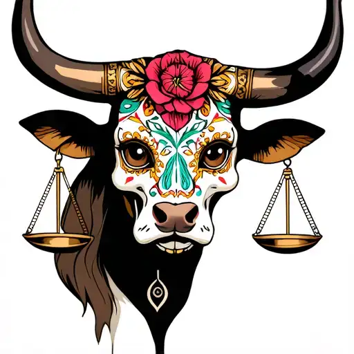 feminine bull with sugar skull markings, brown eyes and two Libra scales and dark background tattoo design idea
