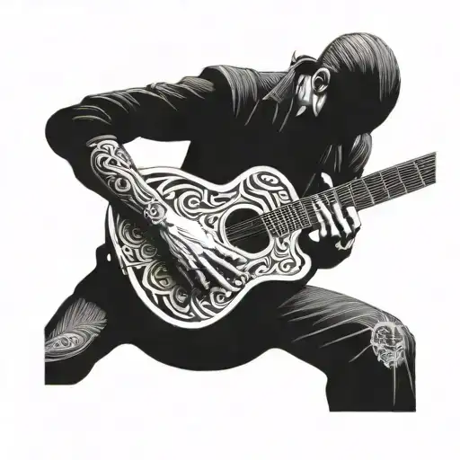 surrealist man playing guitar tattoo design idea