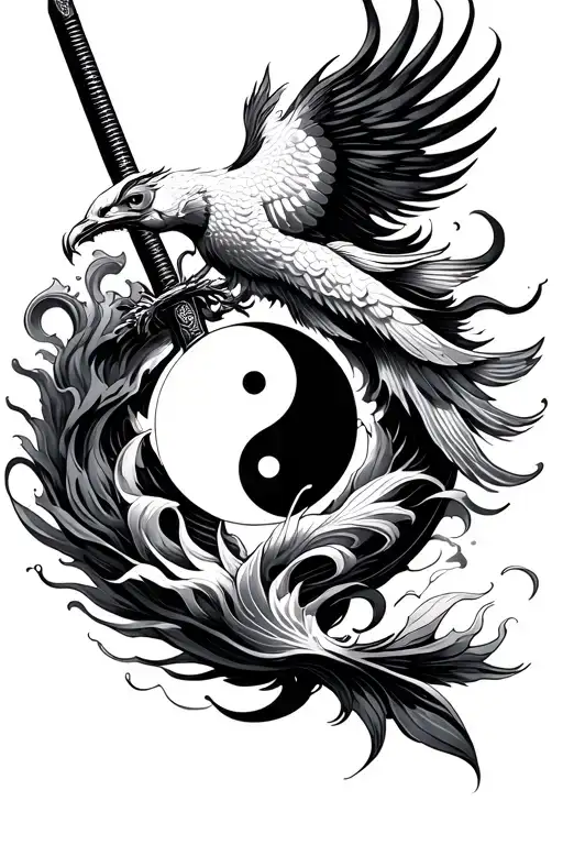 Katana with Yin-Yang-Koi circle, phoenix rising from the side, elaborate waves and smoke, Realistic Black & Gray, A tattoo design idea