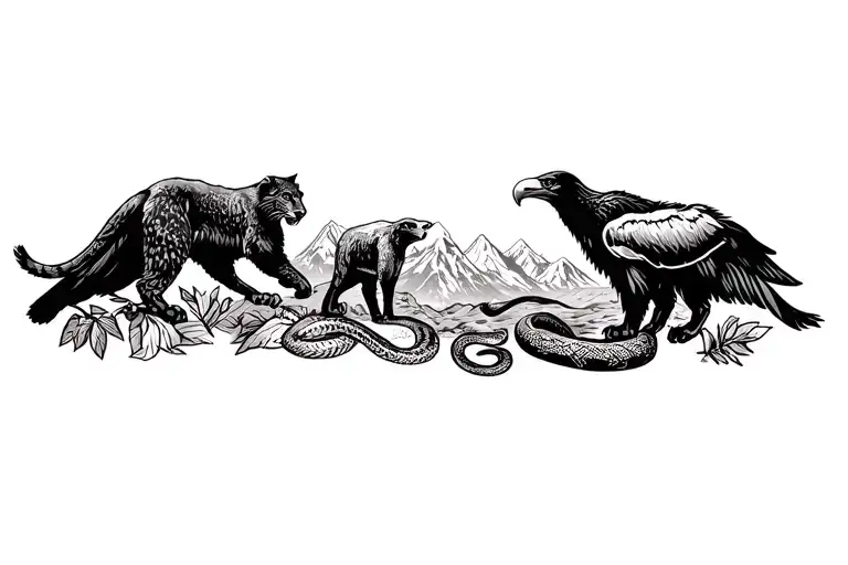 Peruvian moutain range outline incorporating a cougar, a condor, and snake and coca leaves and pachamama tattoo design idea