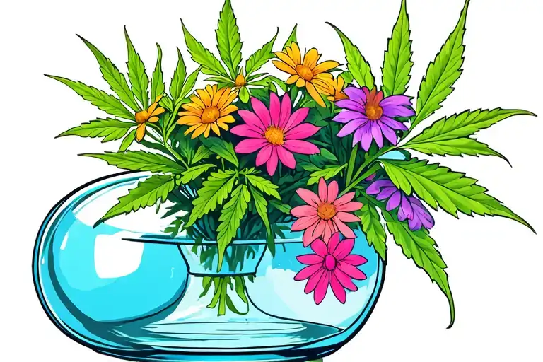 weed plant in bong vase full of flowers tattoo design idea