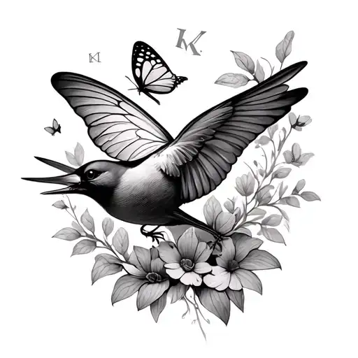 small dainty bird flying with small dainty Butterfly with a small K near the Bird and a Small M near the Butterfly  tattoo design idea