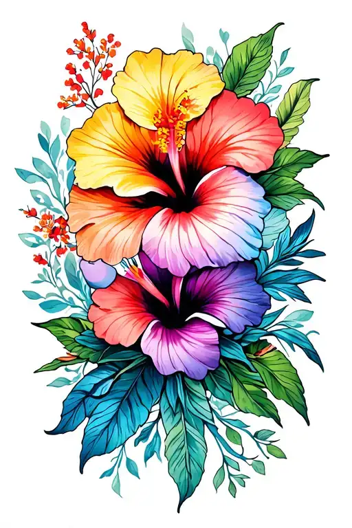full sleeve upper arm colored hibiscus flowers fading into lower arm black and white tools  tattoo design idea