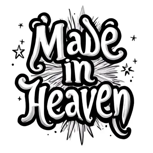 The words "Made in heaven" with stars around it and be in a straight line with a calm font tattoo design idea