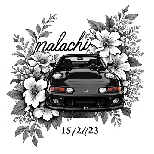 the word "malachi" and date "15/2/23" around flowers and a Toyota mk4 Supra tattoo design idea