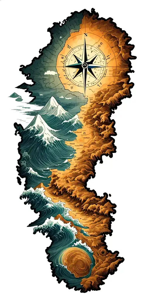 map outline with compass  mountains and waves tattoo design idea