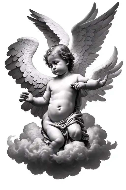 Make 3 clouds at the first one type in latin roman numbers X at the 2nd I and the 3rd MMXVIII and an angel baby male bet tattoo design idea