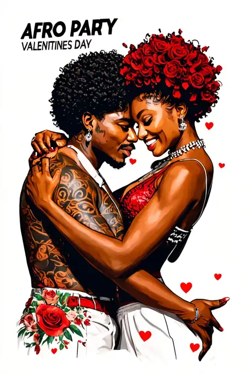 "AFRO PARTY VALENTINES DAY" AFRO PARTY pepole couple dancing together tattoo design idea