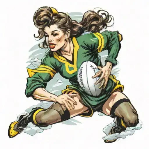 a pin up girl playing rugby in a black green and yellow uniform in the winter tattoo design idea
