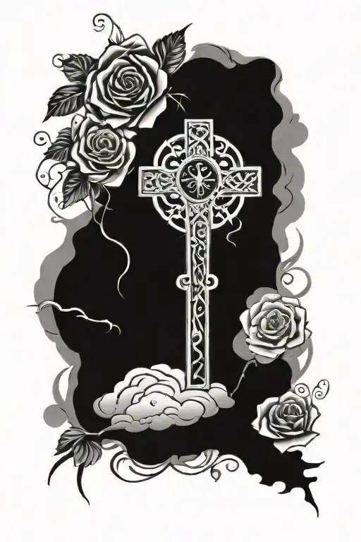 christian with cross and roses and clouds surrounding tattoo design idea
