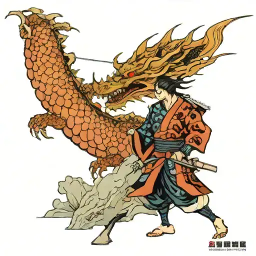 A wounded samurai on the verge of death sees how the dragon that attacked him destroys the castle and the Japanese landscape tattoo design idea