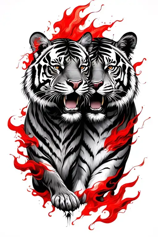 two tiger facing down with red smoke and flames tattoo design idea