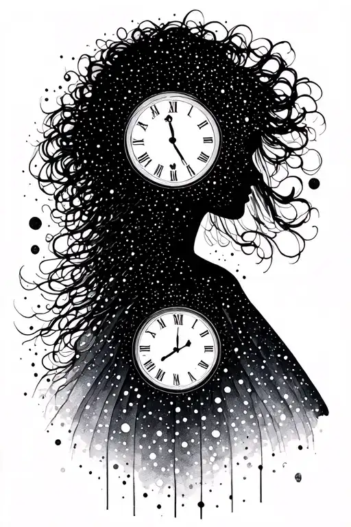 woman silhouette and time running tattoo design idea