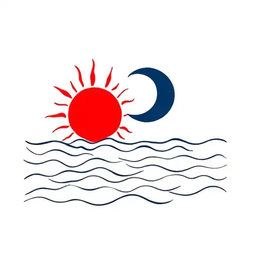 Sun and Moon on the sea with red details in the sun and blue on the moon tattoo design idea