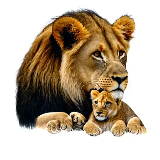 "Inès Inaya" lioness 2 lion cubs in profile watching herself tattoo design idea
