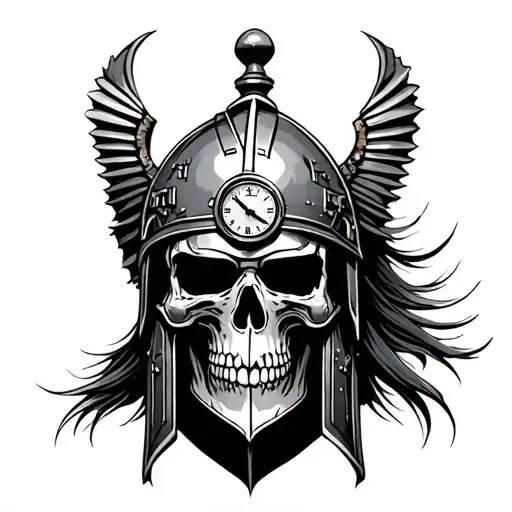 Gladiator helmet with the skull and timepiece tattoo design idea