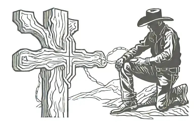 silhouette of a cowboy that is kneeling down next to a cross tattoo design idea