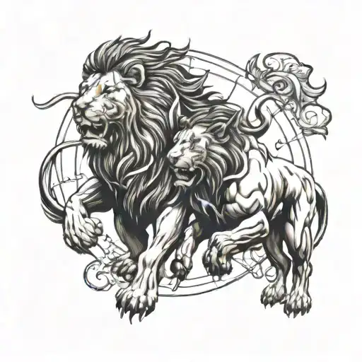 A lion and a bull facing off in a fierce battle, symbolizing strength and unity tattoo design idea