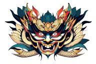 Oni mask surrounded by snake and lotus flower behind the mask tattoo design idea