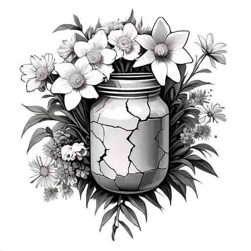 daffodil, honeysuckle, aster, cosmos flower out of cracked alabaster jar (and some olive plants) tattoo design idea
