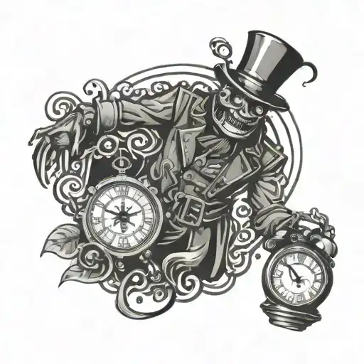 A black tattoo stencil with traditional American tattoo style of a too minimalist creepy clockman in the overgarden wall tattoo design idea