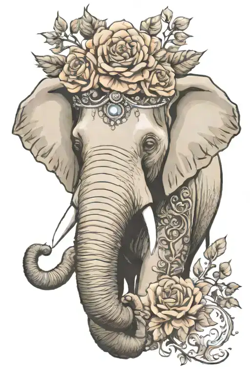 elephant face, november gemstone, april gemstone, september gemstone, august gemstone on trunk, rose crown, tattoo design idea