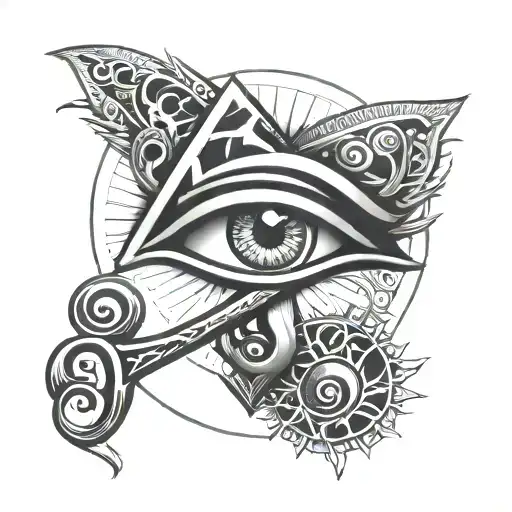 eye of horus surrounded by moon and ankh symbol tattoo design idea