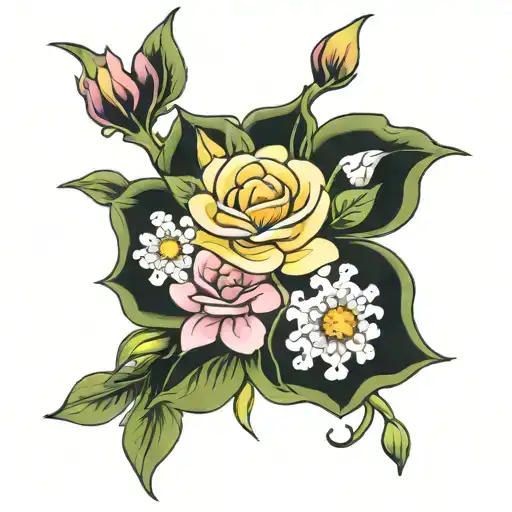 create a simple bouquet of flowers with a rose, violet, daisy, and lily of the valley  tattoo design idea