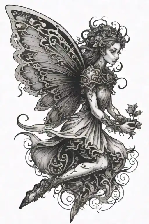 Mysterious earthy little fairy creature flying tattoo design idea