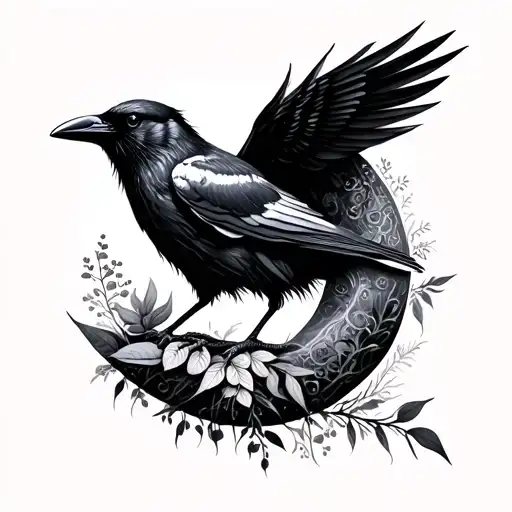 crescent moon made of plants with Raven perched tattoo design idea