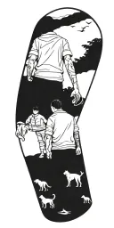 man and child holding hands walking their dog tattoo design idea