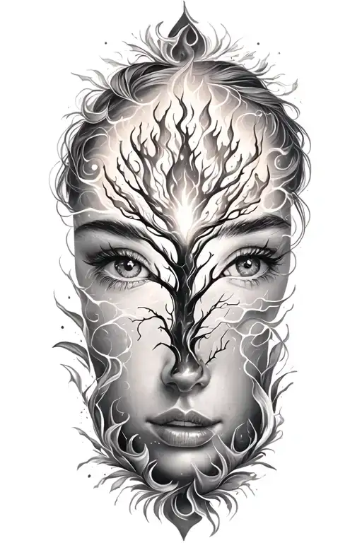 beauty and lightining storm and fire and nature tattoo design idea